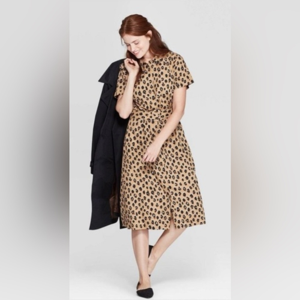 A New Day Leopard Print Midi Belted Dress XS NWT
